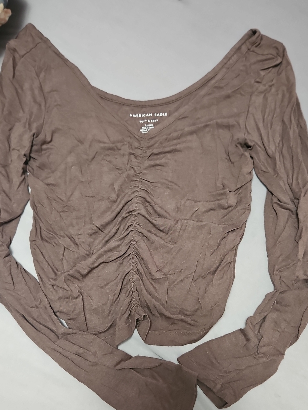 American Eagle Outfitters Brown Ruched Scoop-Neck Long Sleeve Top